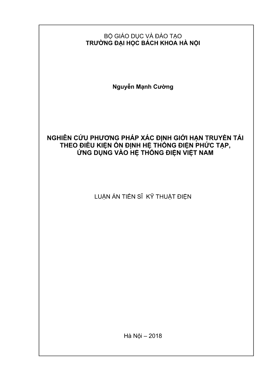 Luận án Nghiên cứu phương pháp xác định giới hạn truyền tải theo điều kiện ổn định hệ thống điện phức tạp, ứng dụng vào hệ thống điện Việt Nam trang 1