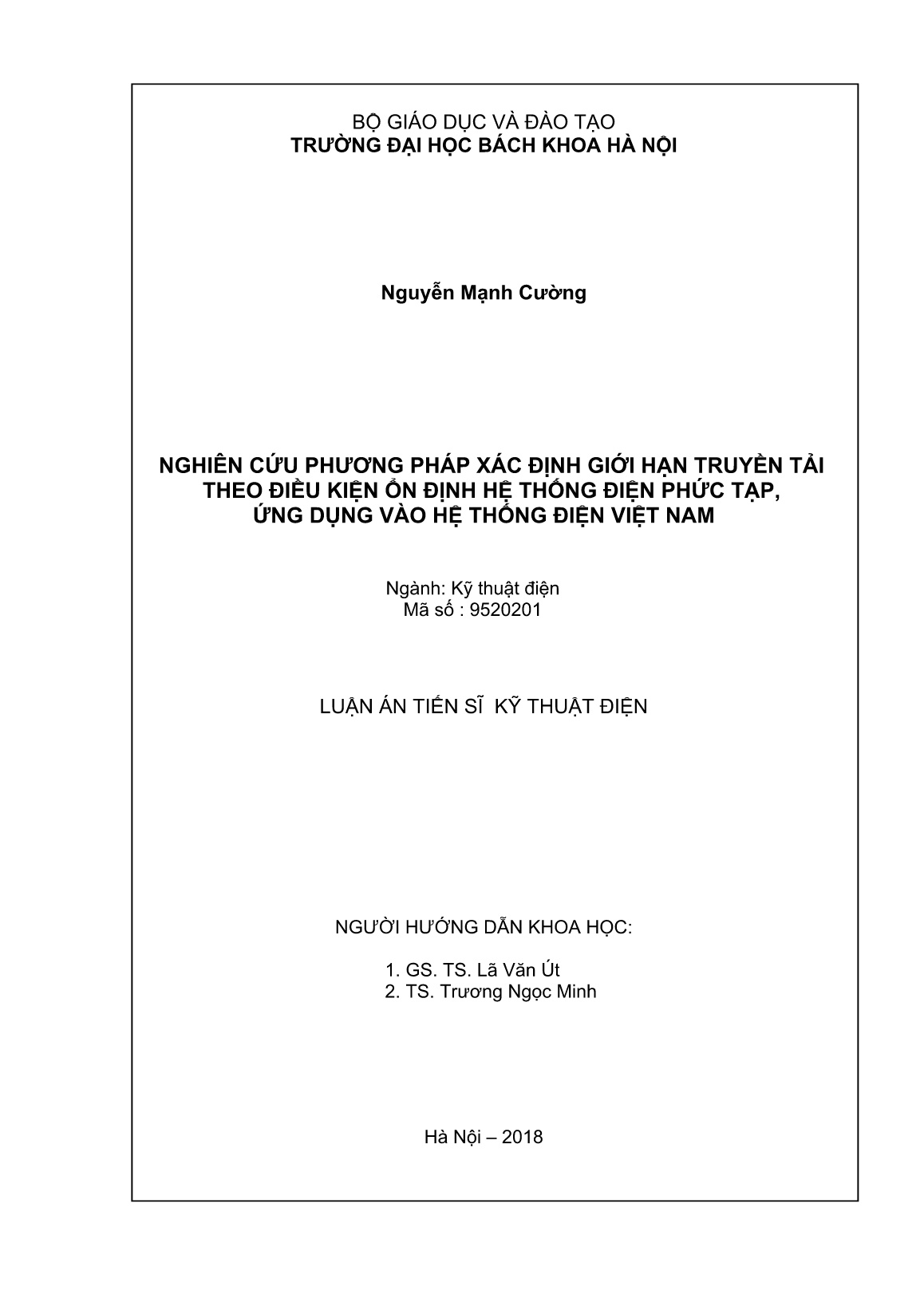 Luận án Nghiên cứu phương pháp xác định giới hạn truyền tải theo điều kiện ổn định hệ thống điện phức tạp, ứng dụng vào hệ thống điện Việt Nam trang 2