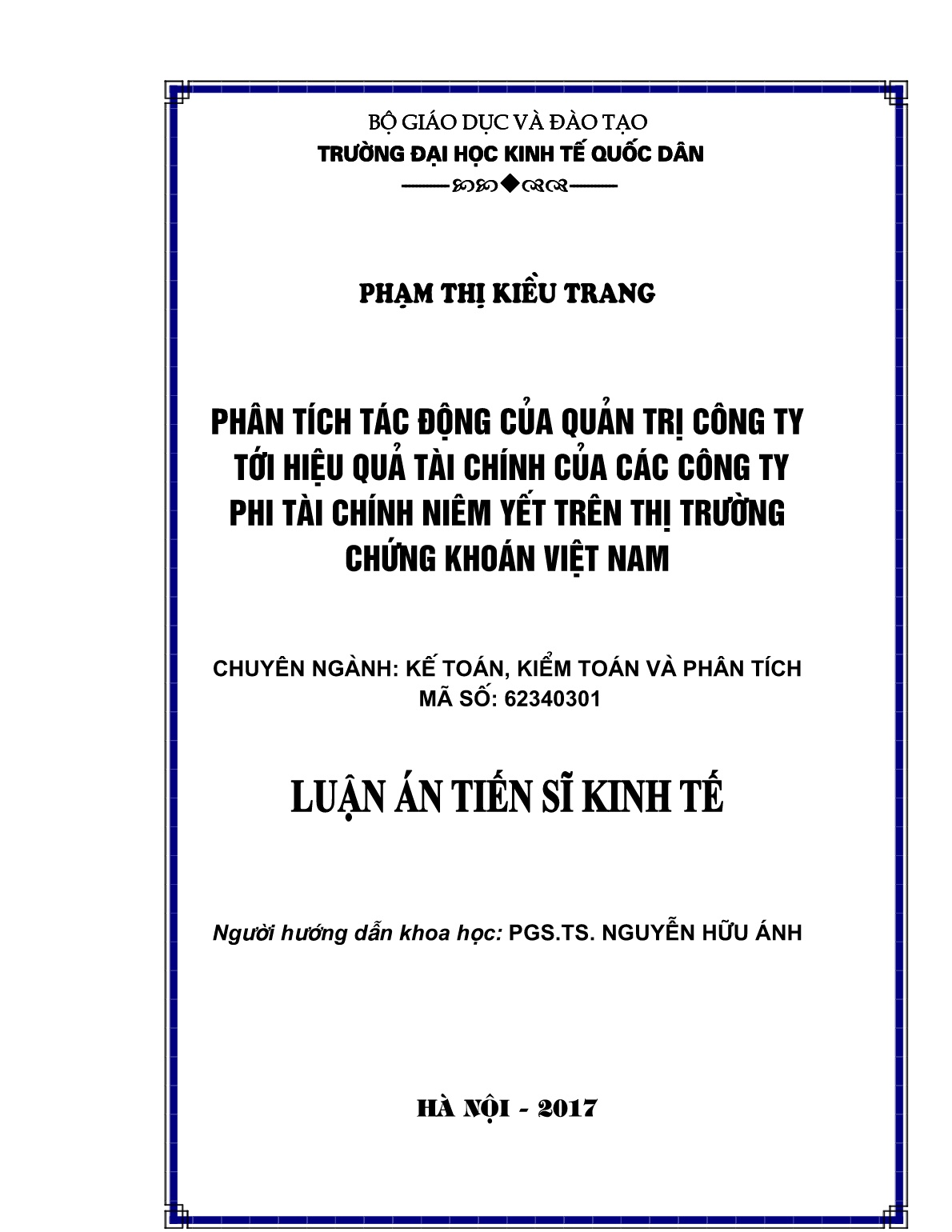 Luận án Phân tích tác động của quản trị công ty tới hiệu quả tài chính của các công ty phi tài chính niêm yết trên thị trường chứng khoán Việt Nam trang 1