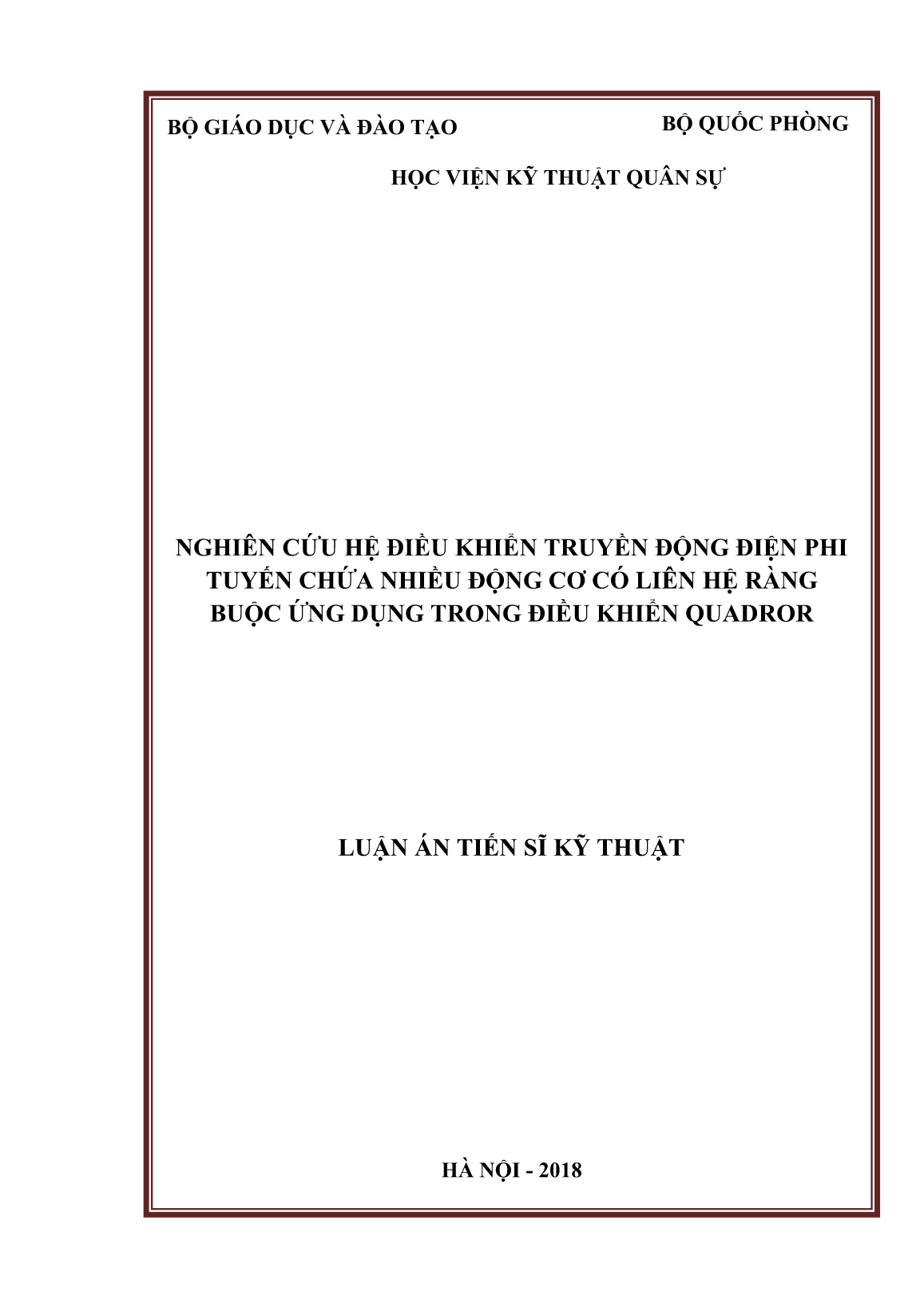 Luận án Nghiên cứu hệ điều khiển truyền động điện phi tuyến chứa nhiều động cơ có liên hệ ràng buộc ứng dụng trong điều khiển Quadror trang 1