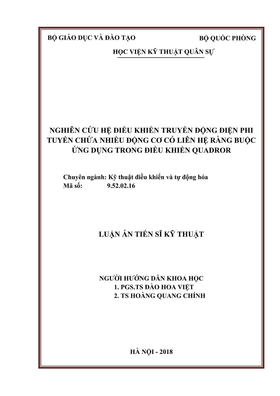 Luận án Nghiên cứu hệ điều khiển truyền động điện phi tuyến chứa nhiều động cơ có liên hệ ràng buộc ứng dụng trong điều khiển Quadror trang 2