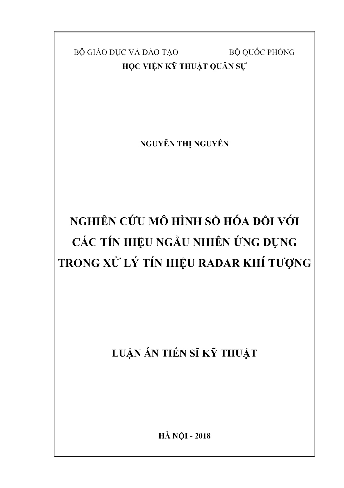 Luận án Nghiên cứu mô hình số hóa đối với các tín hiệu ngẫu nhiên ứng dụng trong xử lý tín hiệu radar khí tượng trang 1