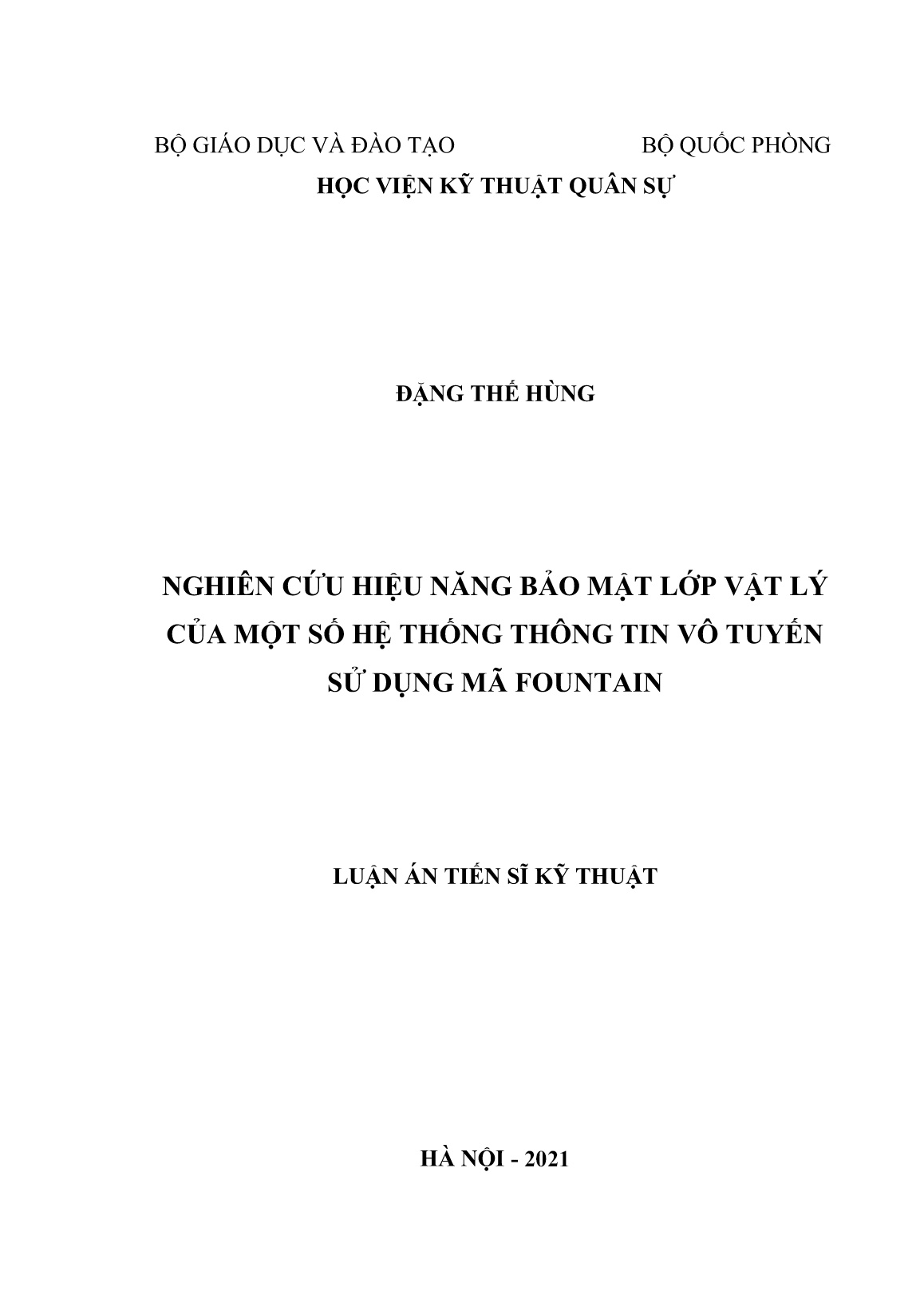 Luận án Nghiên cứu hiệu năng bảo mật lớp vật lý của một số hệ thống thông tin vô tuyến sử dụng mã Fountain trang 1