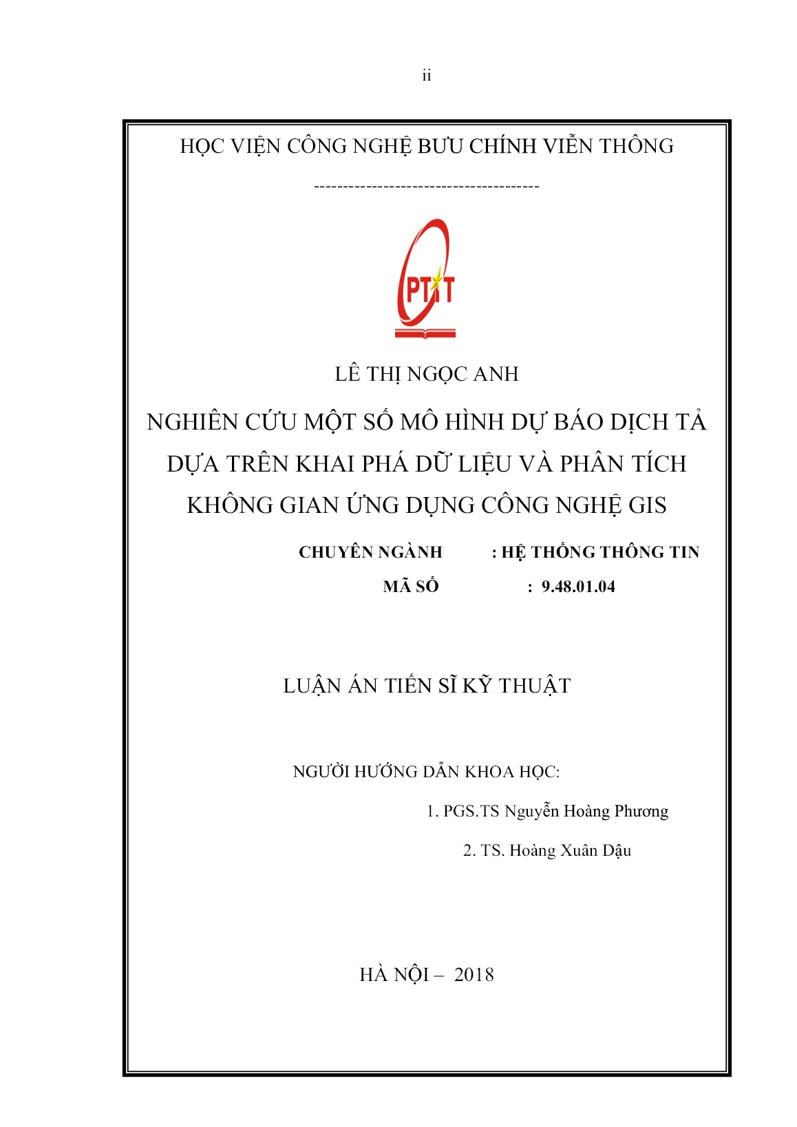 Luận án Nghiên cứu một số mô hình dự báo dịch tả dựa trên khai phá dữ liệu và phân tích không gian ứng dụng công nghệ GIS trang 2