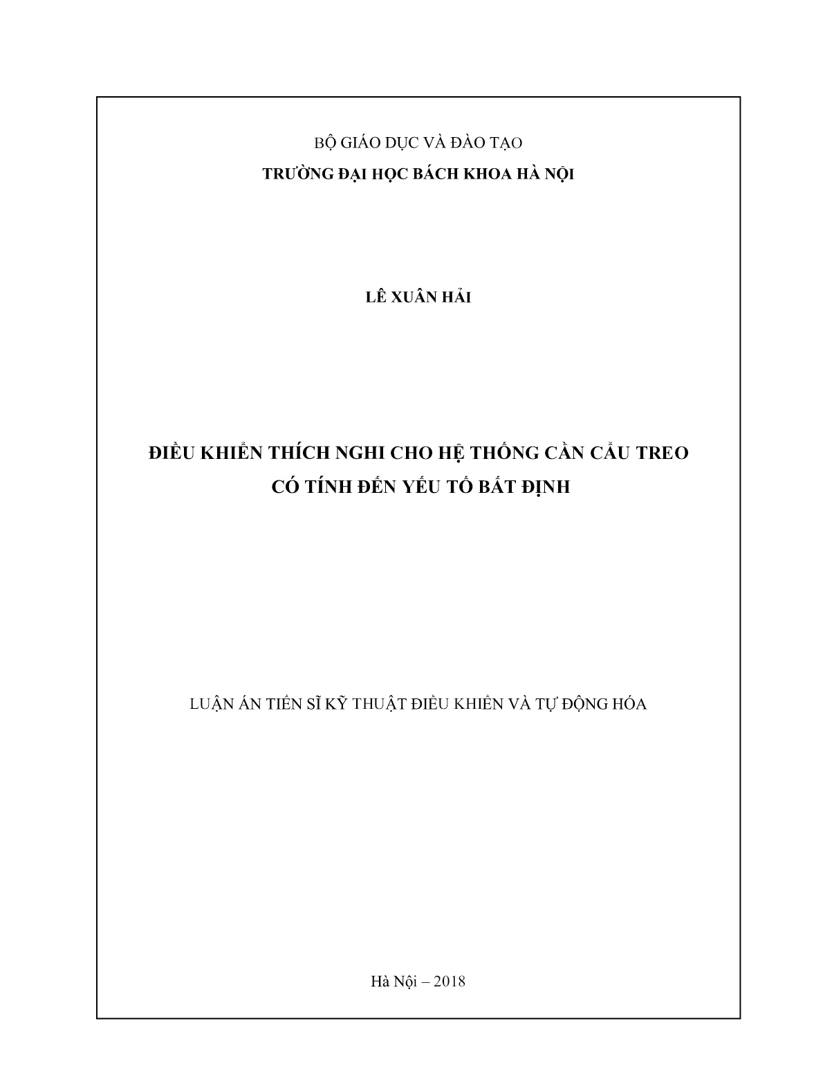 Luận án Điều khiển thích nghi cho hệ thống cần cẩu treo có tính đến yếu tố bất định trang 1