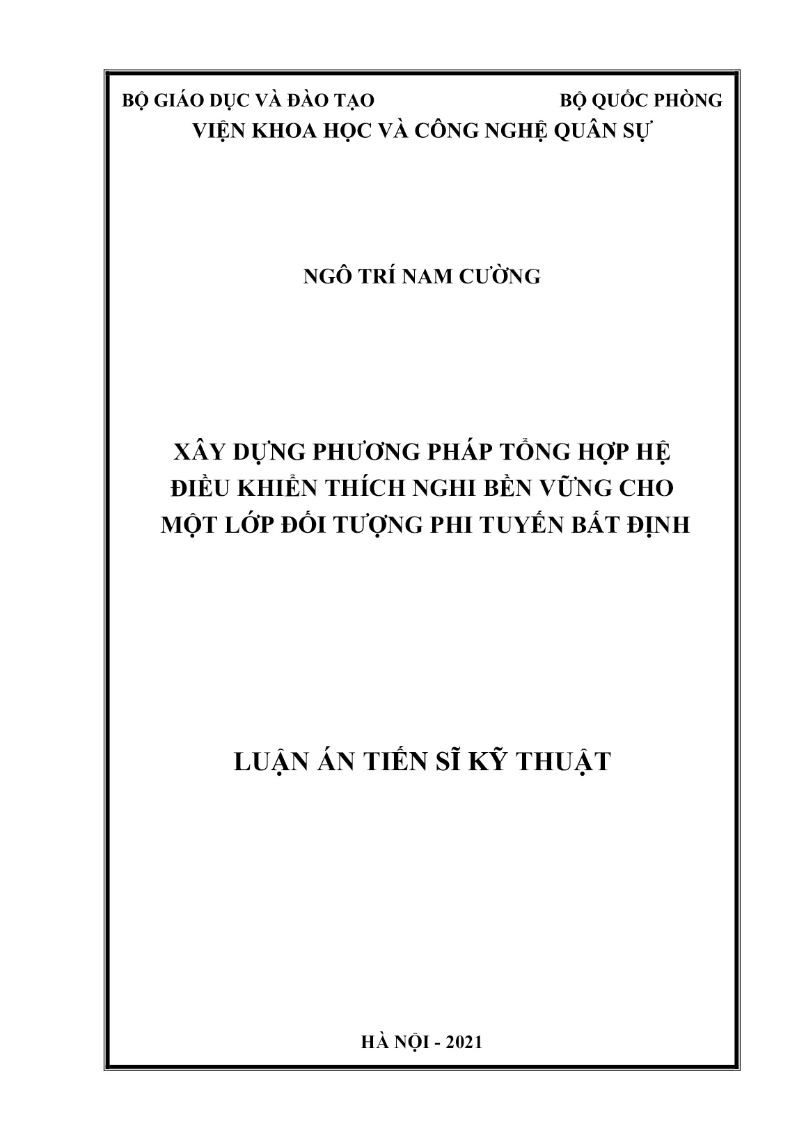 Luận án Xây dựng phương pháp tổng hợp hệ điều khiển thích nghi bền vững cho một lớp đối tượng phi tuyến bất định trang 1