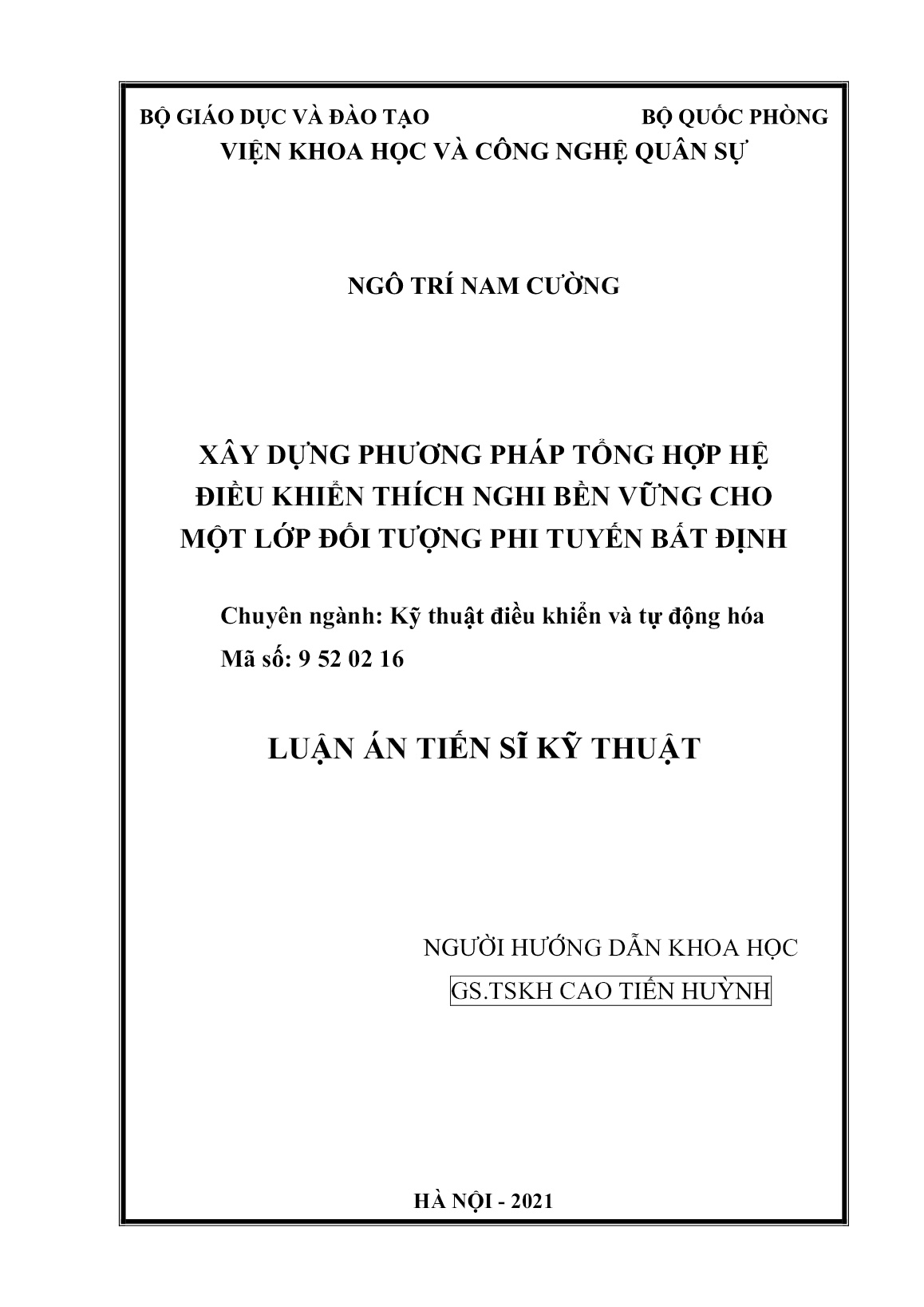 Luận án Xây dựng phương pháp tổng hợp hệ điều khiển thích nghi bền vững cho một lớp đối tượng phi tuyến bất định trang 2