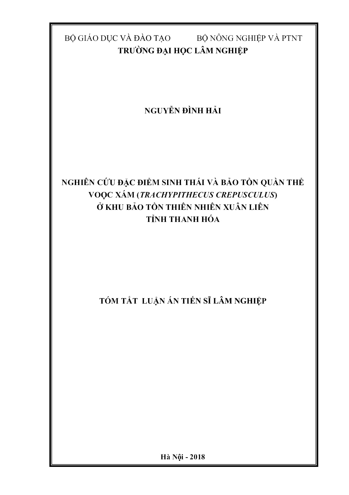 Tóm tắt Luận án Nghiên cứu ặc ểm sinh thái và bảo tồn quần thể voọc xám (trachypithecus crepusculus) ở khu bảo tồn thiên nhiên xuân liên tỉnh Thanh Hóa trang 1