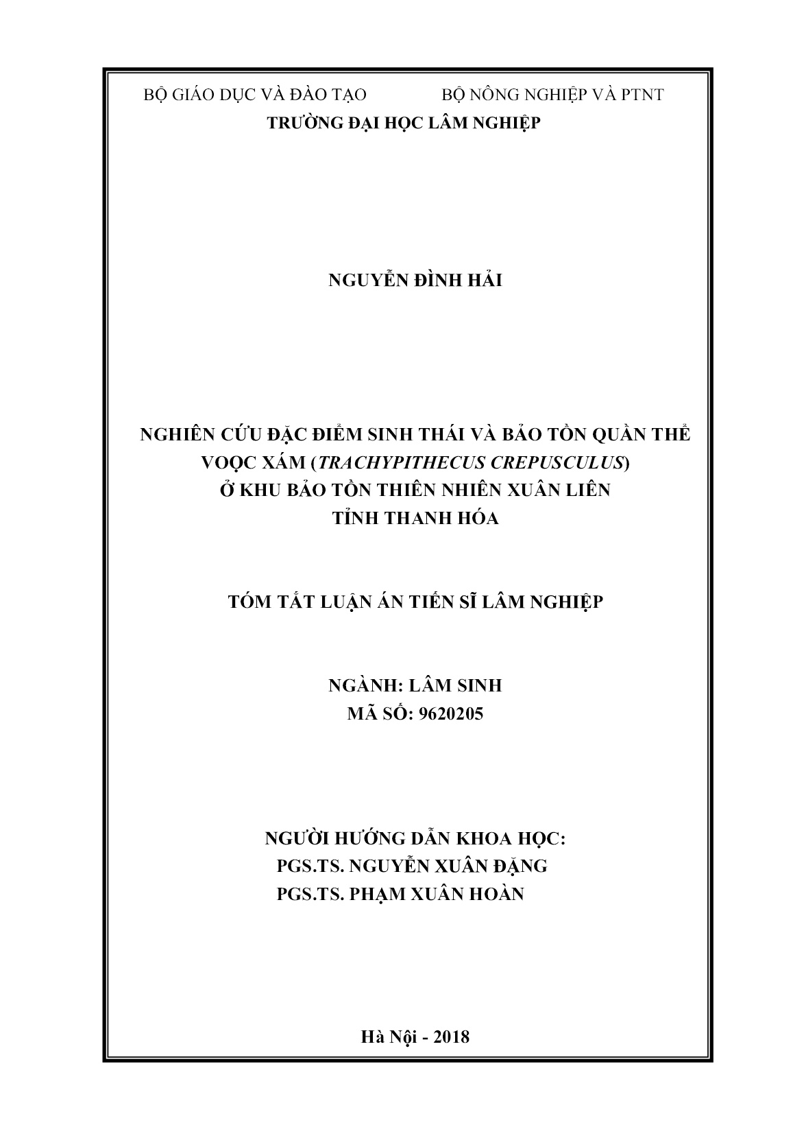 Tóm tắt Luận án Nghiên cứu ặc ểm sinh thái và bảo tồn quần thể voọc xám (trachypithecus crepusculus) ở khu bảo tồn thiên nhiên xuân liên tỉnh Thanh Hóa trang 2