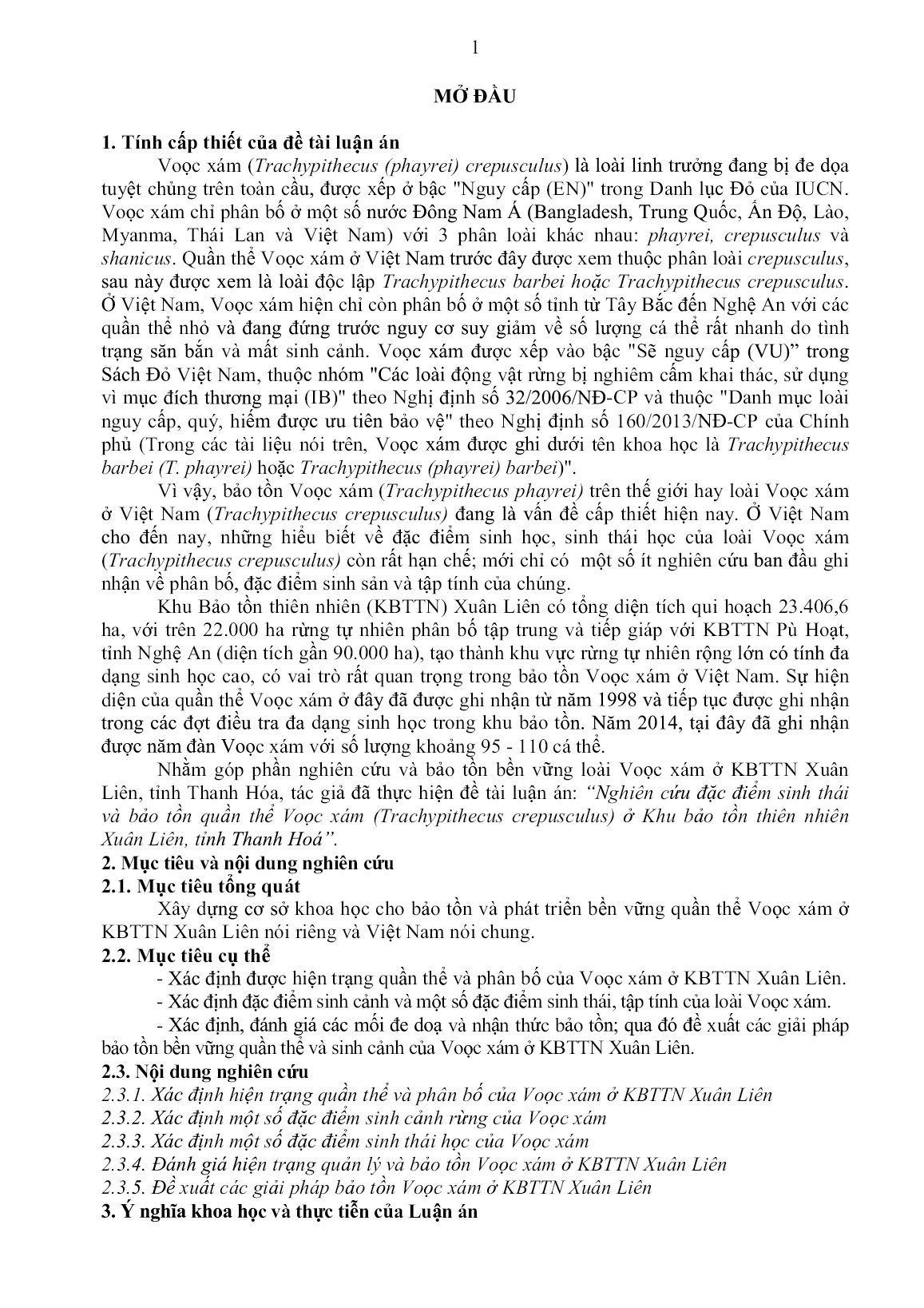 Tóm tắt Luận án Nghiên cứu ặc ểm sinh thái và bảo tồn quần thể voọc xám (trachypithecus crepusculus) ở khu bảo tồn thiên nhiên xuân liên tỉnh Thanh Hóa trang 4