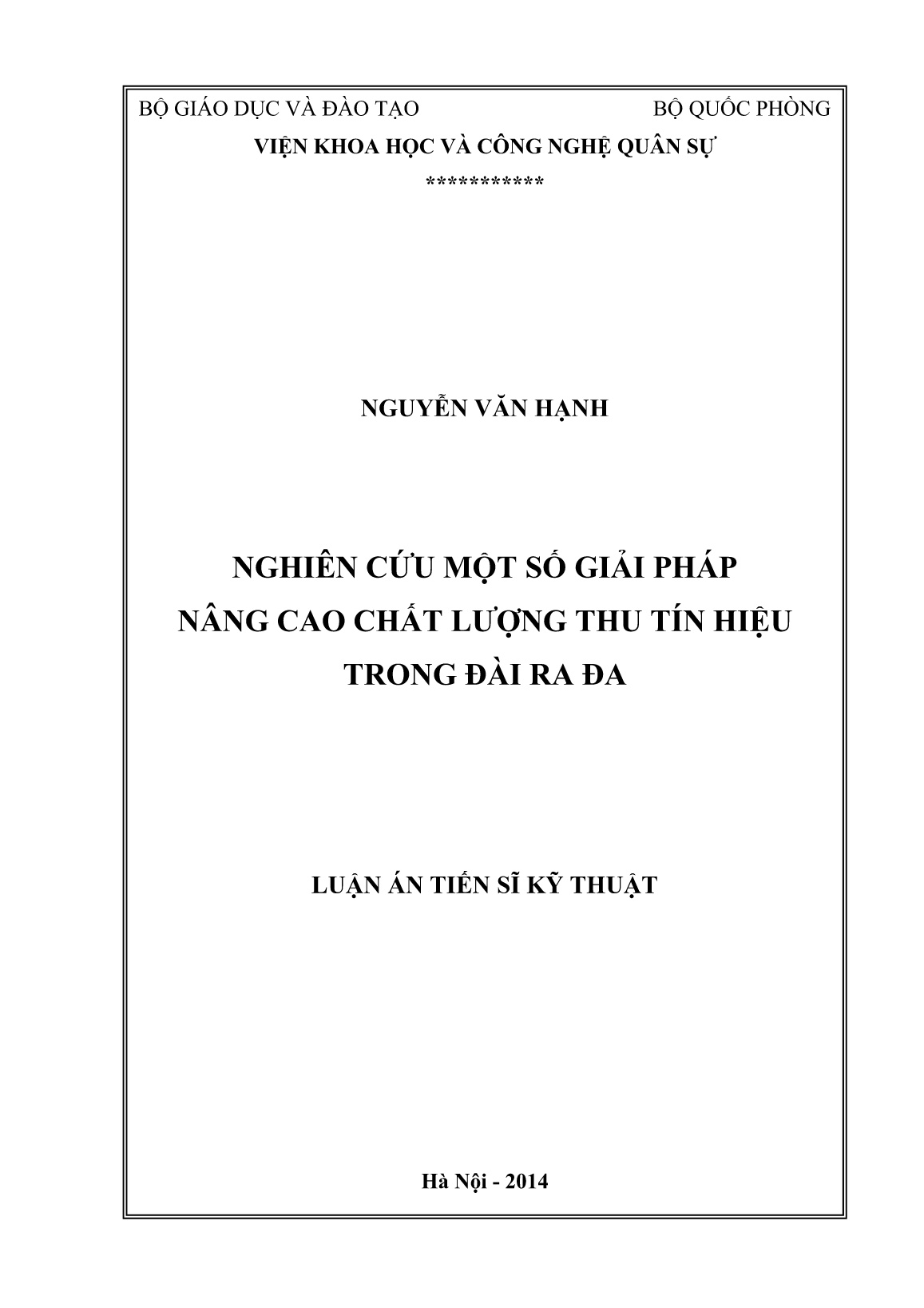 Luận án Nghiên cứu một số giải pháp nâng cao chất lượng thu tín hiệu trong đài ra đa trang 1