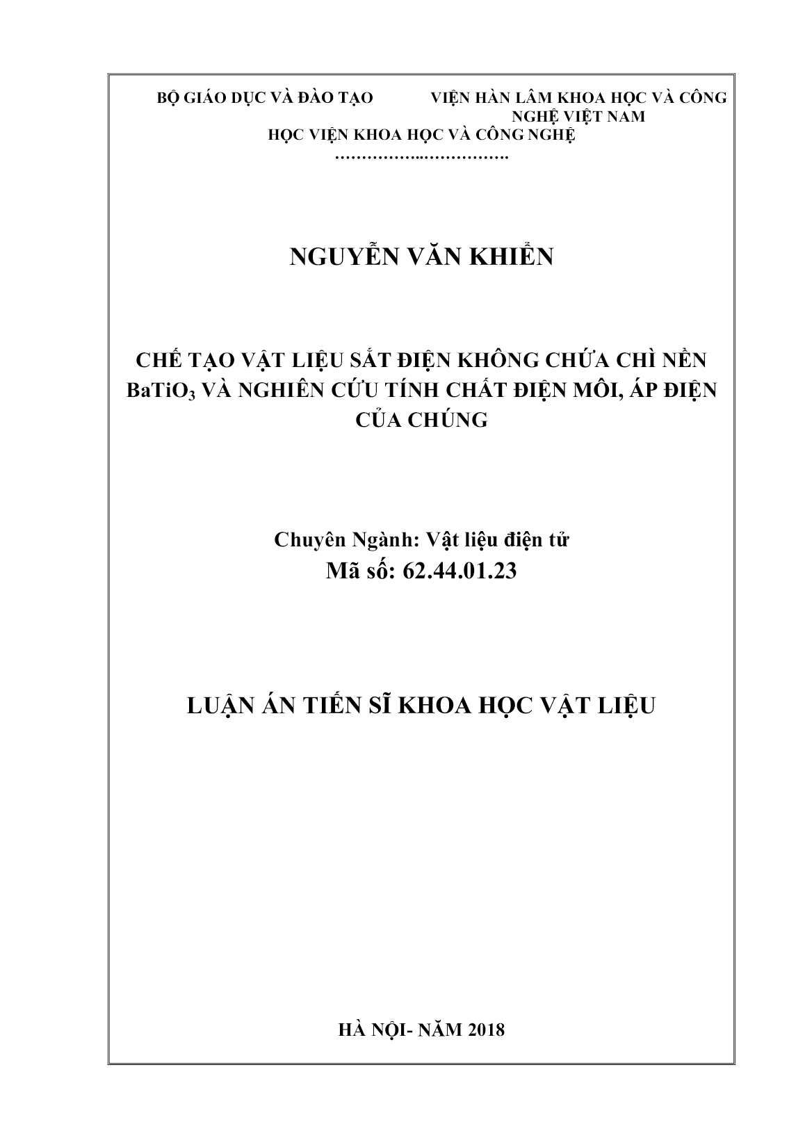 Luận án Chế tạo vật liệu sắt điện không chứa chì nền BaTiO3 và nghiên cứu tính chất điện môi, áp điện của chúng trang 1