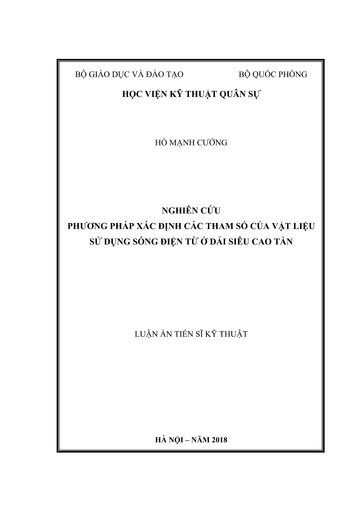 Luận án Nghiên cứu phương pháp xác định các tham số của vật liệu sử dụng sóng điện từ ở dải siêu cao tần trang 1