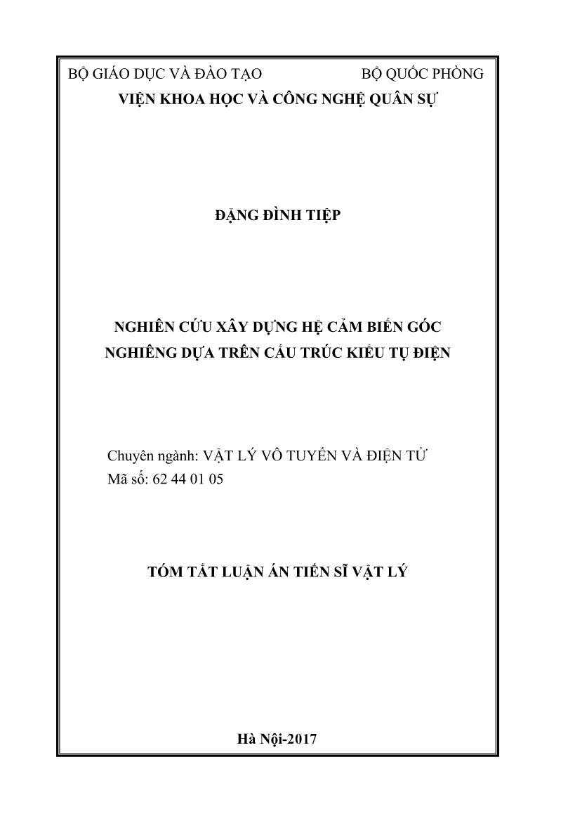 Tóm tắt Luận án Nghiên cứu xây dựng hệ cảm biến góc nghiêng dựa trên cấu tröc kiểu tụ điện trang 1