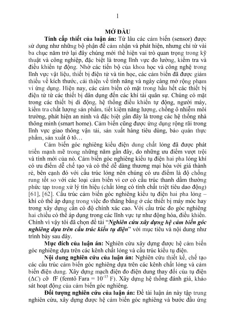 Tóm tắt Luận án Nghiên cứu xây dựng hệ cảm biến góc nghiêng dựa trên cấu tröc kiểu tụ điện trang 3