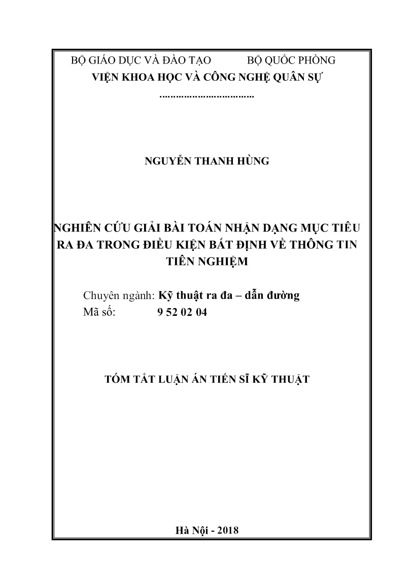 Tóm tắt Luận án Nghiên cứu giải bài toán nhận dạng mục tiêu ra đa trong điều kiện bất định về thông tin tiên nghiệm trang 1