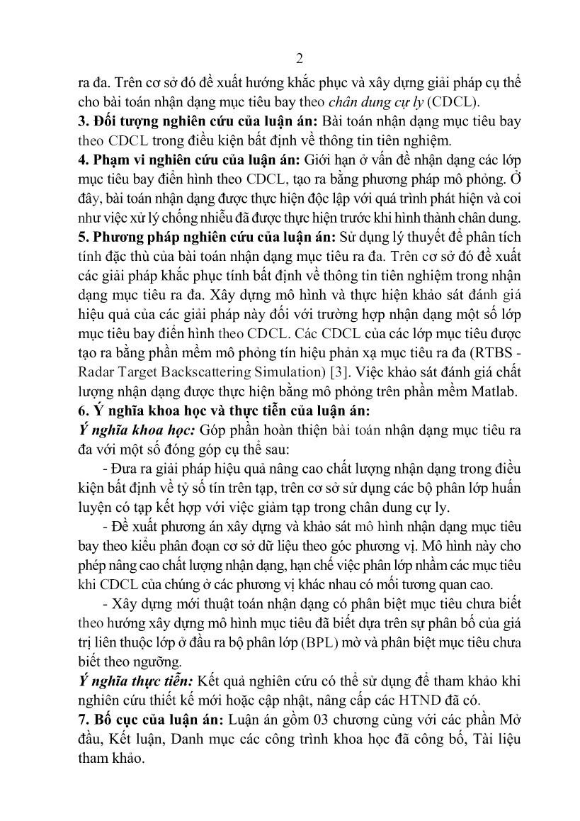 Tóm tắt Luận án Nghiên cứu giải bài toán nhận dạng mục tiêu ra đa trong điều kiện bất định về thông tin tiên nghiệm trang 4