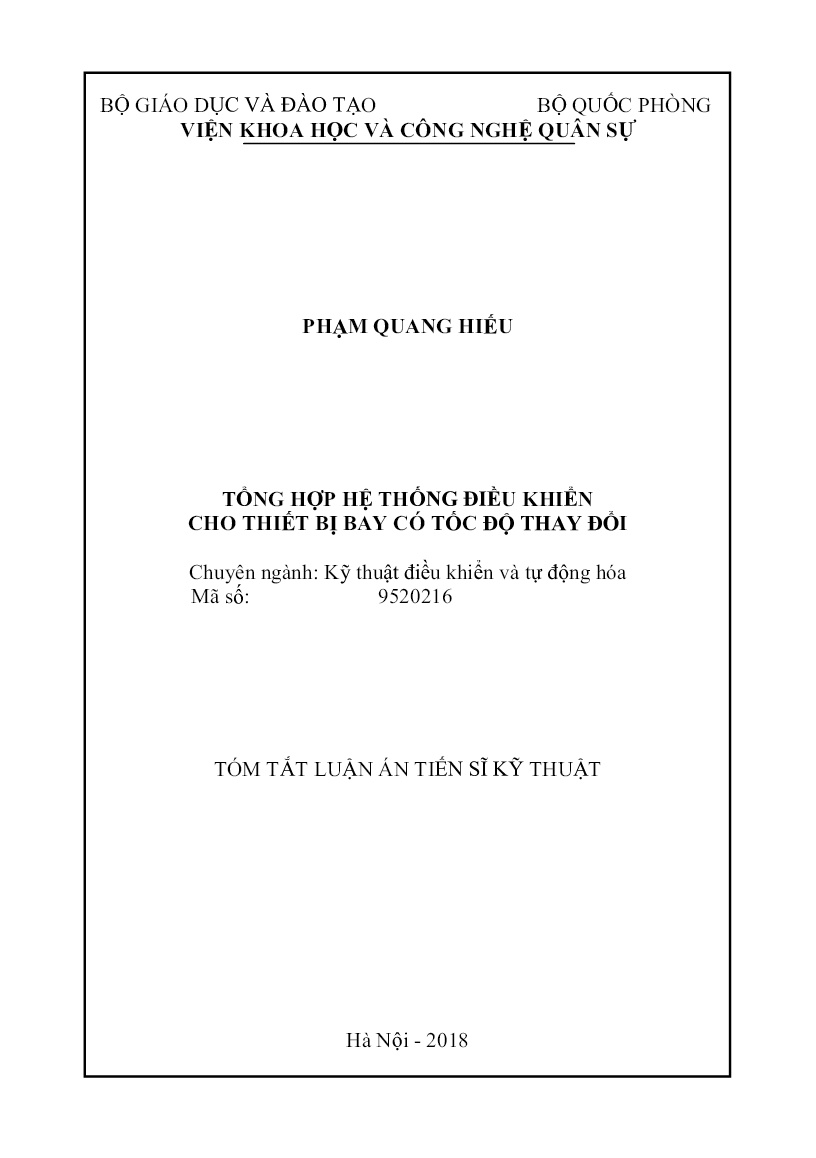 Tóm tắt Luận án Tổng hợp hệ thống điều khiển cho thiết bị bay có tốc độ thay đổi trang 1