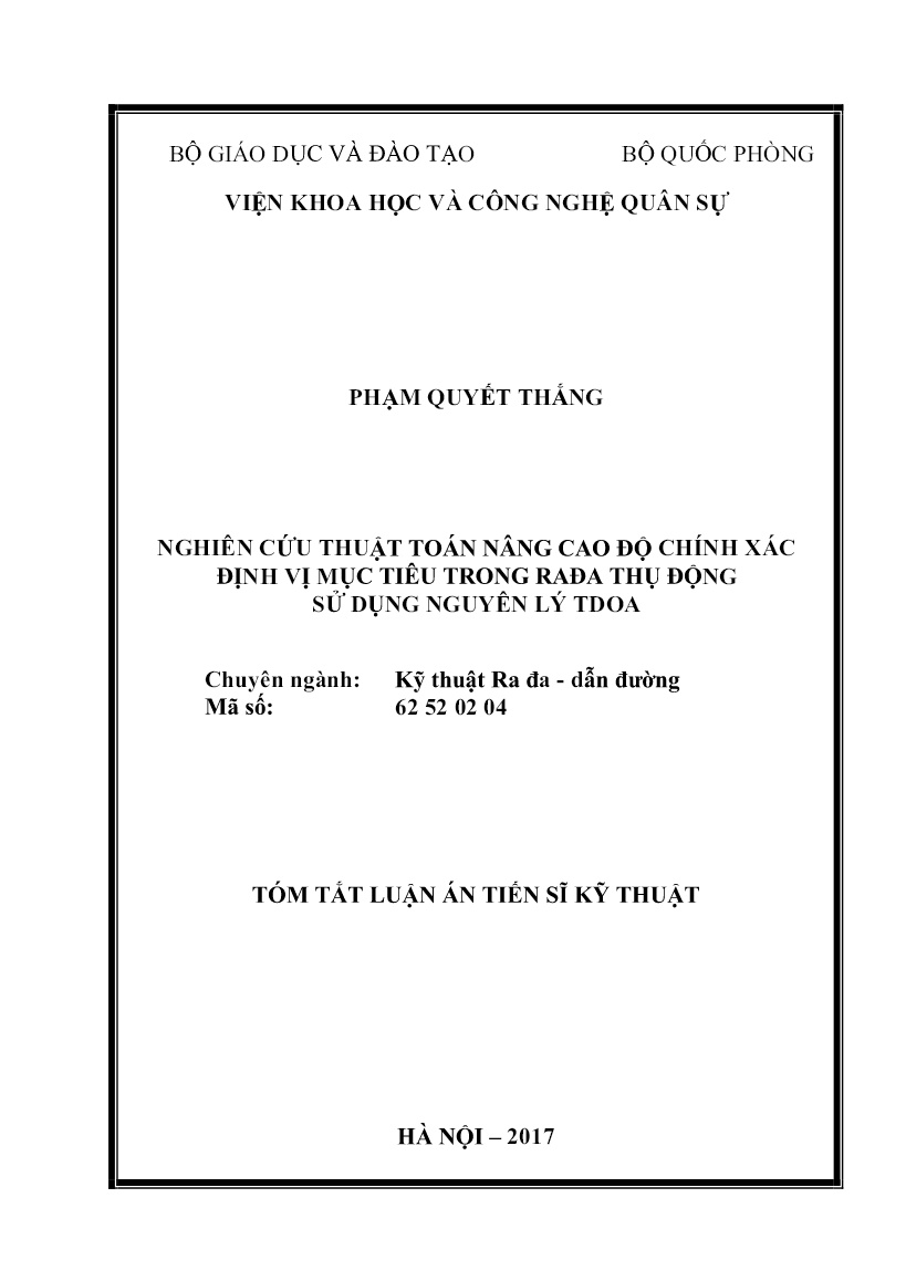 Tóm tắt Luận án Nghiên cứu thuật toán nâng cao độ chính xác định vị mục tiêu trong rađa thụ động sử dụng nguyên lý TDOA trang 1