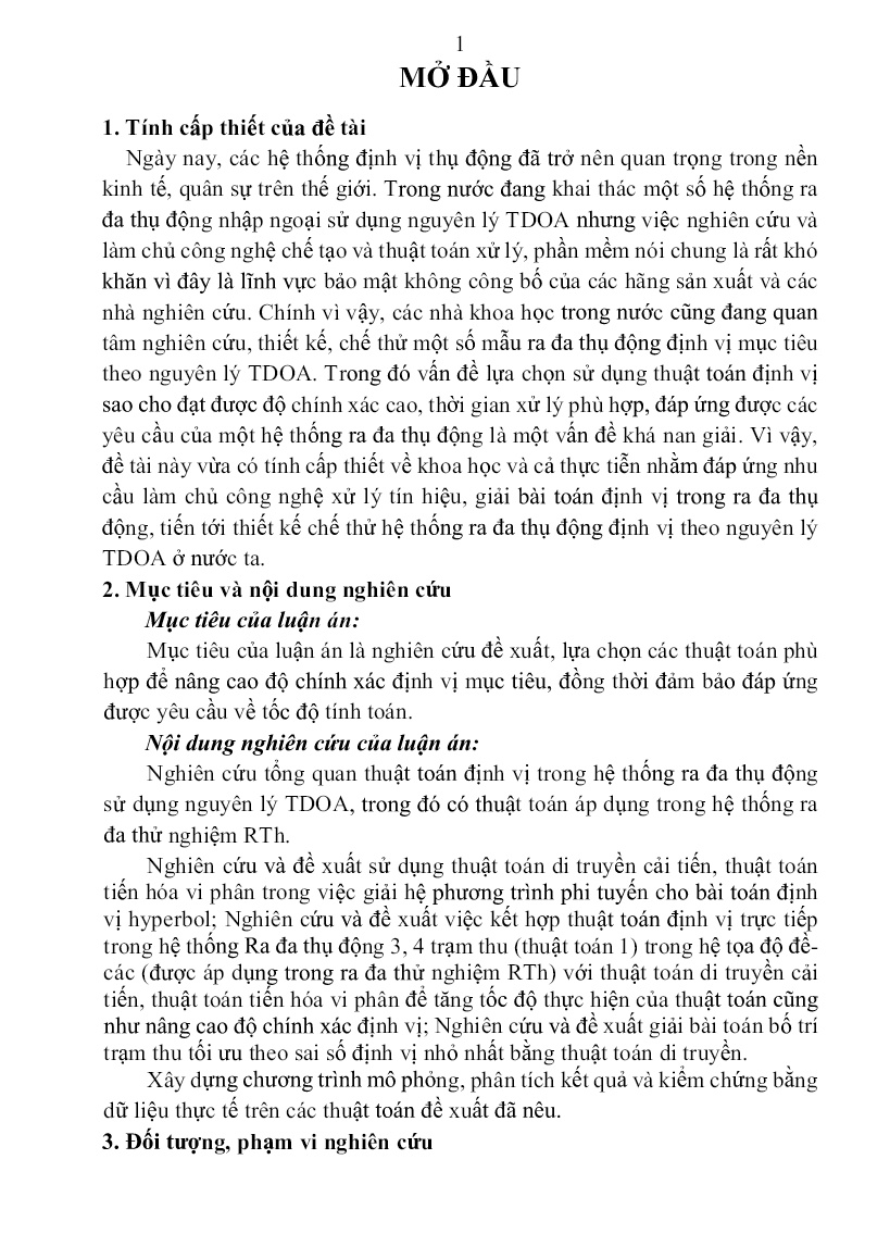 Tóm tắt Luận án Nghiên cứu thuật toán nâng cao độ chính xác định vị mục tiêu trong rađa thụ động sử dụng nguyên lý TDOA trang 3