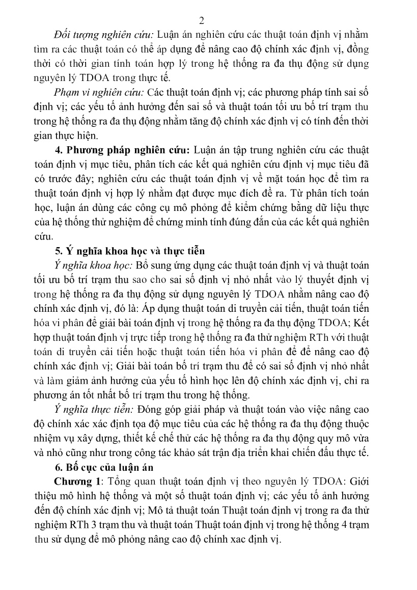 Tóm tắt Luận án Nghiên cứu thuật toán nâng cao độ chính xác định vị mục tiêu trong rađa thụ động sử dụng nguyên lý TDOA trang 4