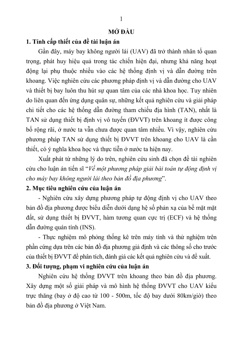 Tóm tắt Luận án Về một phương pháp giải bài toán tự động định vị cho máy bay không người lái theo bản đồ địa phương trang 3