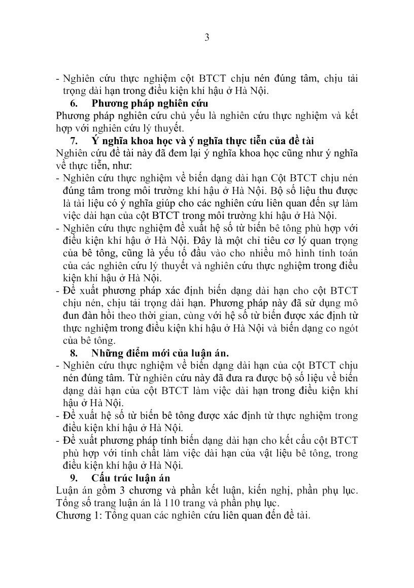 Tóm tắt Luận án Nghiên cứu thực nghiệm về biến dạng dài hạn cột bê tông cốt thép chịu nén đúng tâm trang 3