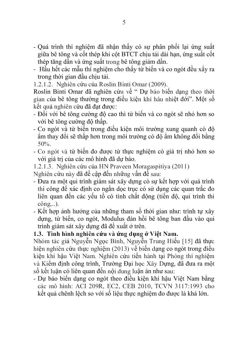 Tóm tắt Luận án Nghiên cứu thực nghiệm về biến dạng dài hạn cột bê tông cốt thép chịu nén đúng tâm trang 5