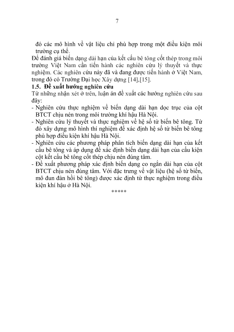 Tóm tắt Luận án Nghiên cứu thực nghiệm về biến dạng dài hạn cột bê tông cốt thép chịu nén đúng tâm trang 7