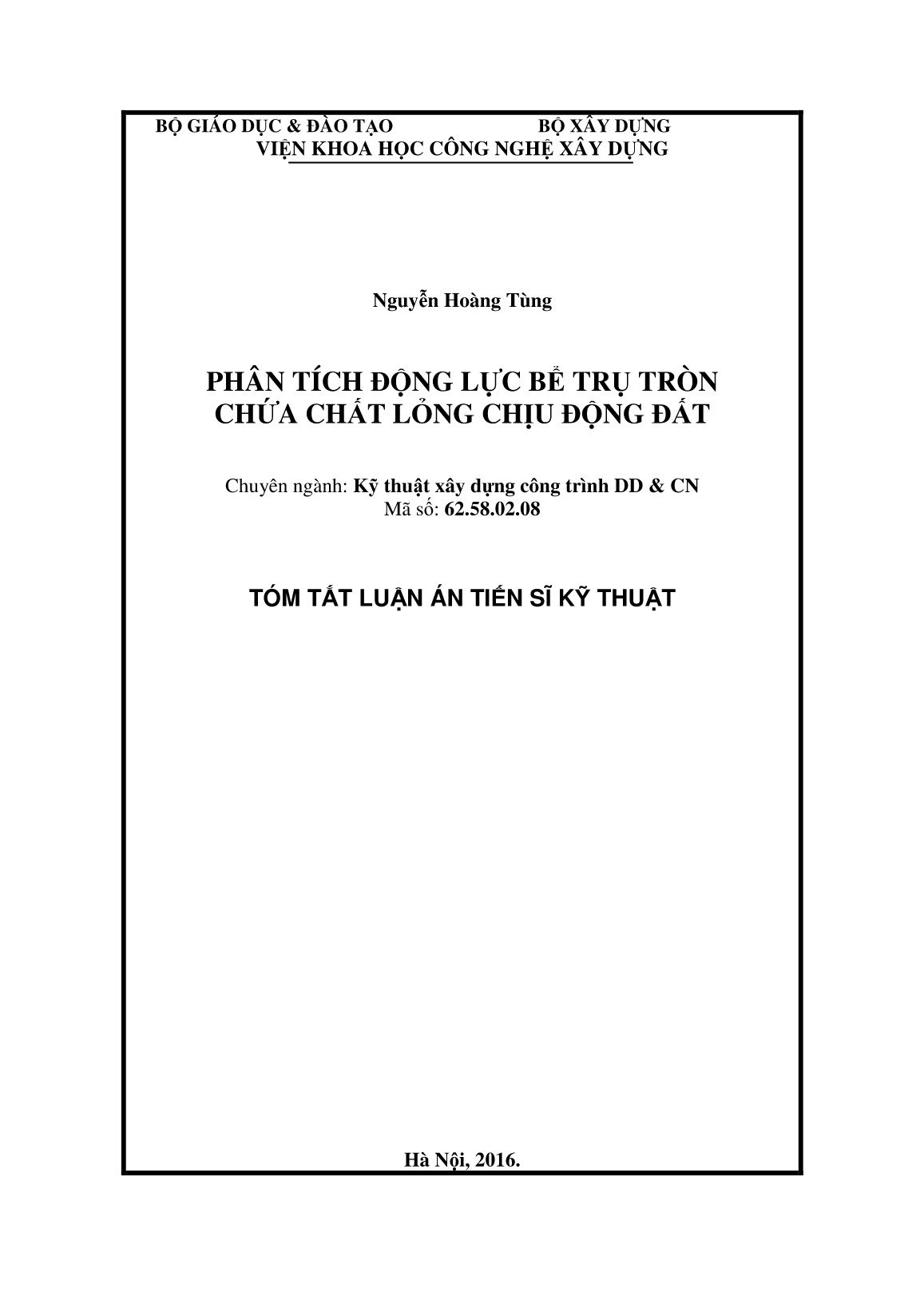 Tóm tắt Luận án Phân tích động lực bể trụ tròn chứa chất lỏng chịu động đất trang 1