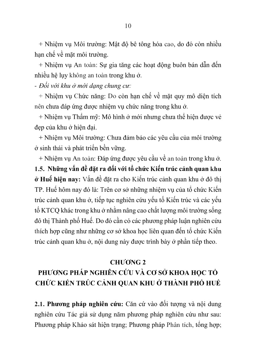 Tóm tắt Luận án Tổ chức kiến trúc cảnh quan khu ở nhằm nâng cao chất lượng môi trường sống đô thị tại Thành phố Huế trang 10