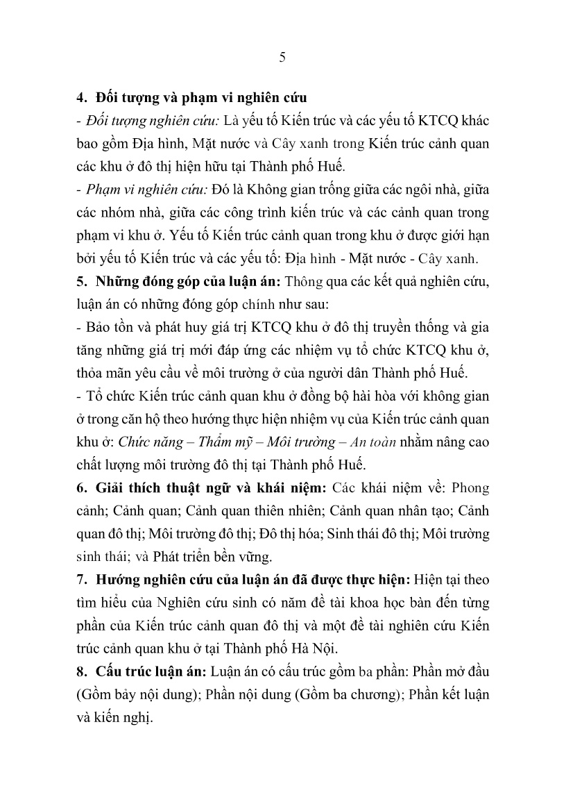 Tóm tắt Luận án Tổ chức kiến trúc cảnh quan khu ở nhằm nâng cao chất lượng môi trường sống đô thị tại Thành phố Huế trang 5