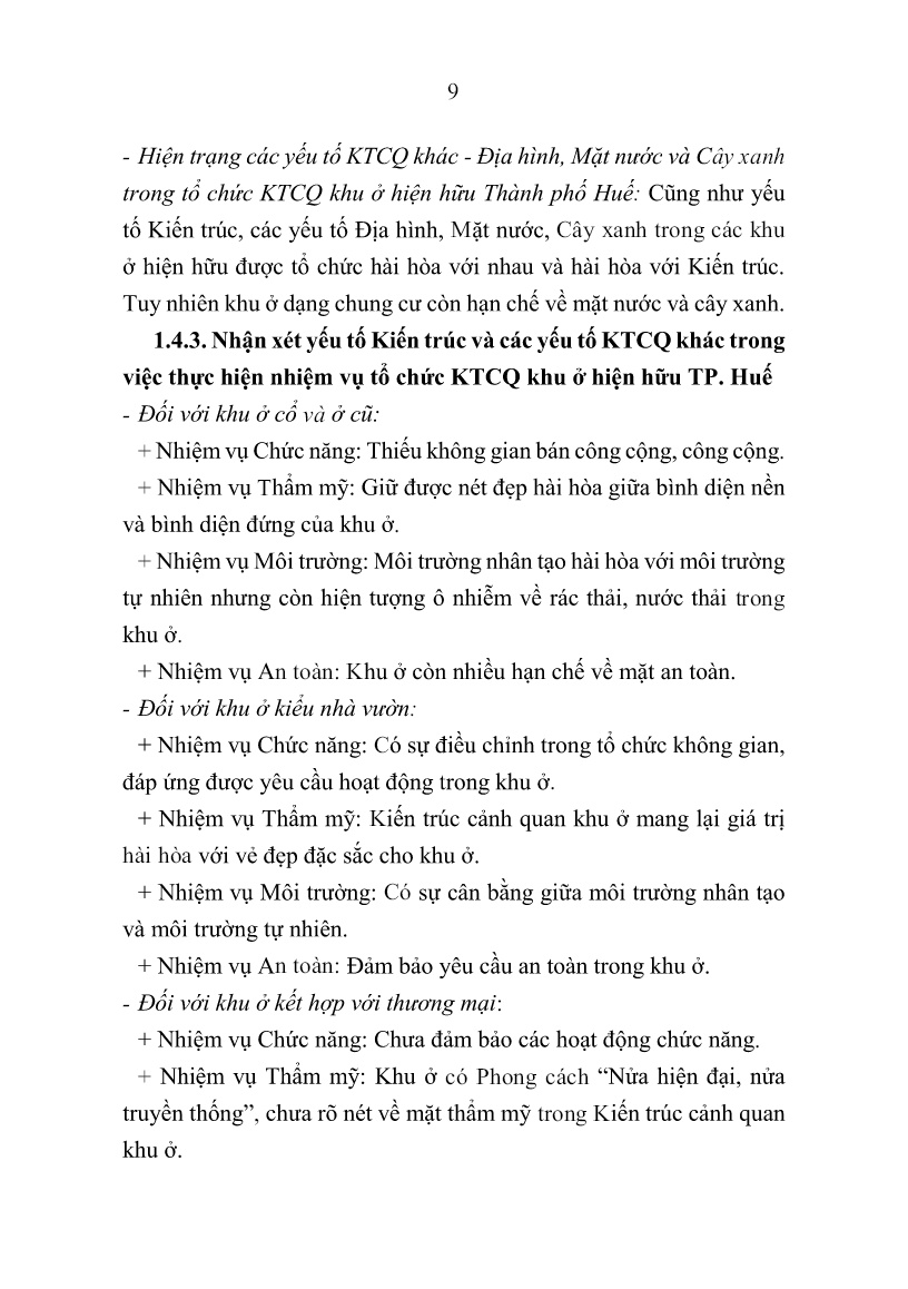Tóm tắt Luận án Tổ chức kiến trúc cảnh quan khu ở nhằm nâng cao chất lượng môi trường sống đô thị tại Thành phố Huế trang 9