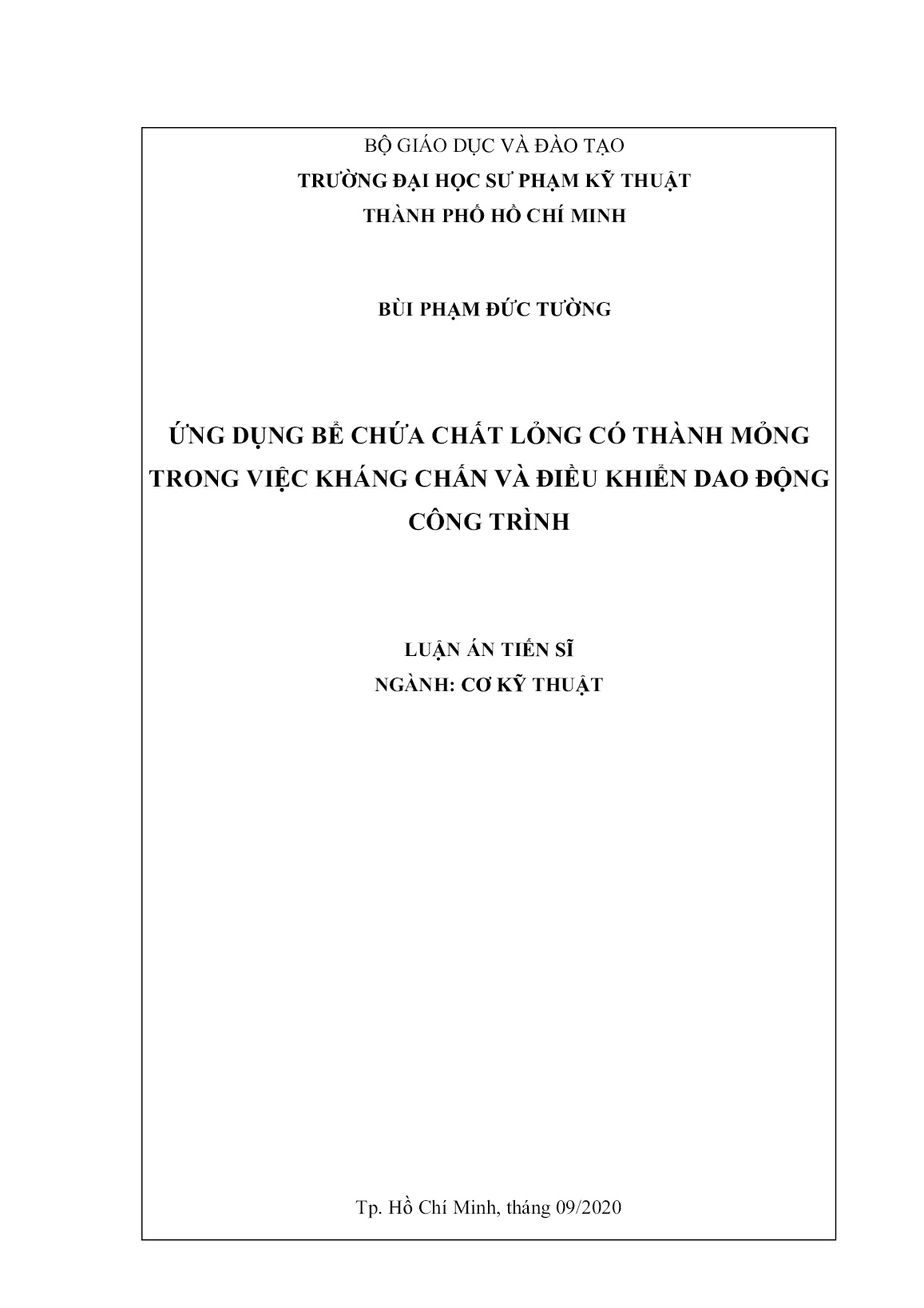 Luận án Ứng dụng bể chứa chất lỏng có thành mỏng trong việc kháng chấn và điều khiển dao động công trình trang 1