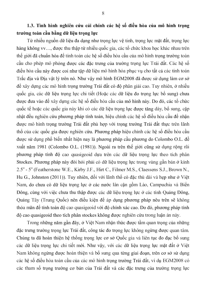 Tóm tắt Luận án Nghiên cứu phương pháp hiệu chỉnh các hệ số điều hòa cầu của mô hình trọng trường trái đất EGM2008 bằng dữ liệu trọng lực ở Việt Nam trang 10