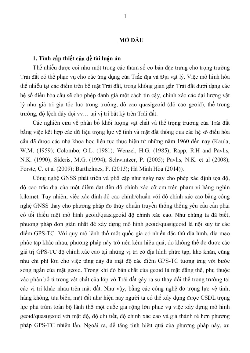 Tóm tắt Luận án Nghiên cứu phương pháp hiệu chỉnh các hệ số điều hòa cầu của mô hình trọng trường trái đất EGM2008 bằng dữ liệu trọng lực ở Việt Nam trang 3