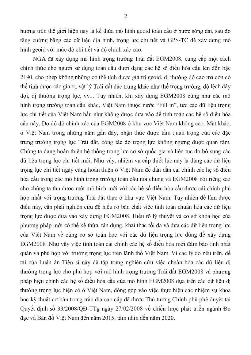 Tóm tắt Luận án Nghiên cứu phương pháp hiệu chỉnh các hệ số điều hòa cầu của mô hình trọng trường trái đất EGM2008 bằng dữ liệu trọng lực ở Việt Nam trang 4
