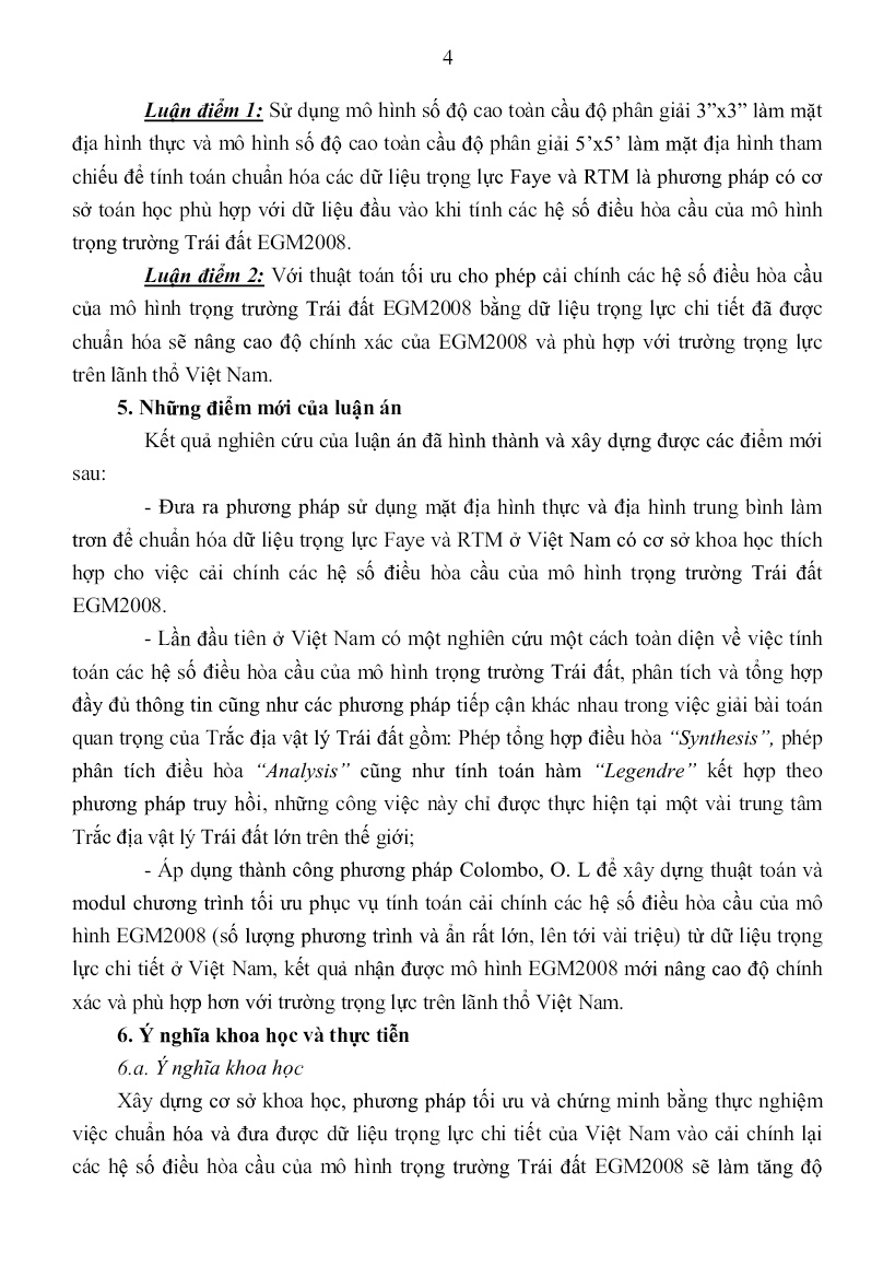 Tóm tắt Luận án Nghiên cứu phương pháp hiệu chỉnh các hệ số điều hòa cầu của mô hình trọng trường trái đất EGM2008 bằng dữ liệu trọng lực ở Việt Nam trang 6