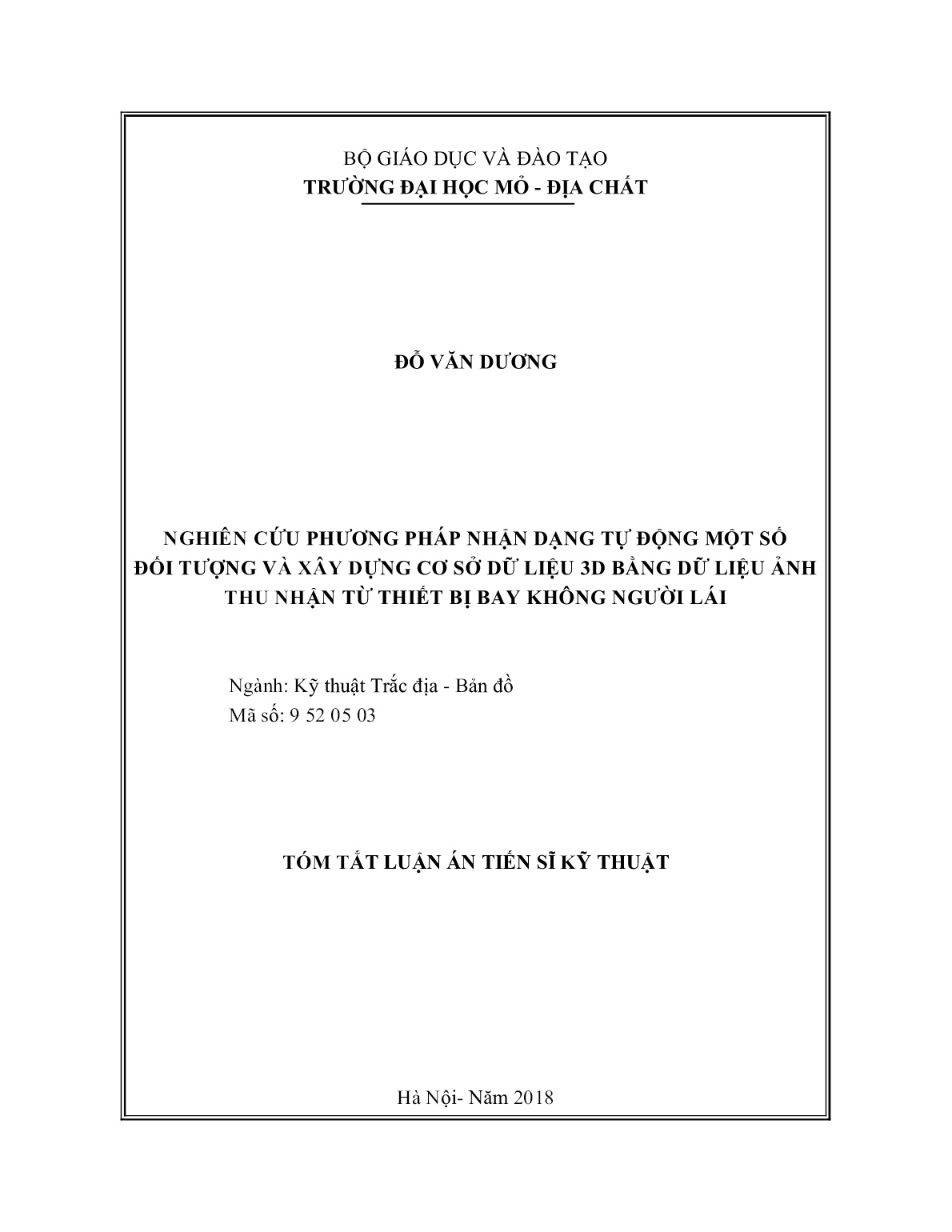 Tóm tắt Luận án Nghiên cứu phương pháp nhận dạng tự động một số đối tượng và xây dựng cơ sở dữ liệu 3D bằng dữ liệu ảnh thu nhận từ thiết bị bay không người lái trang 1