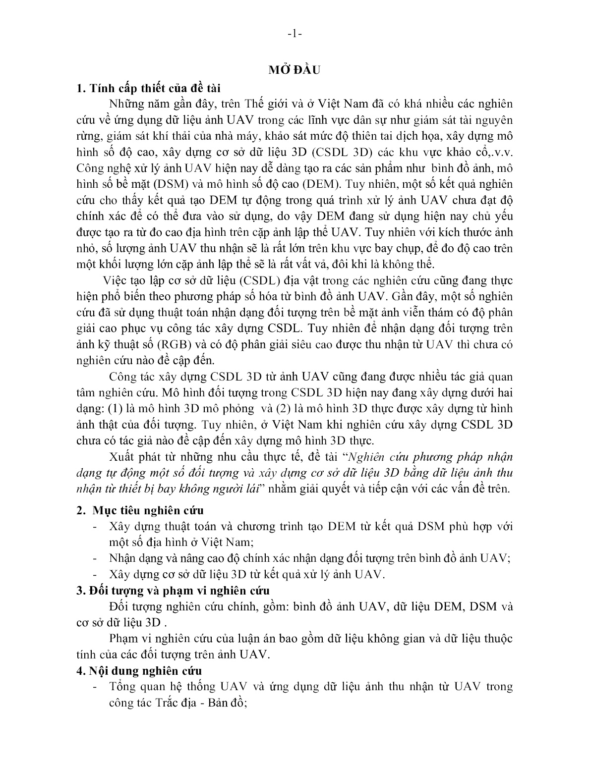 Tóm tắt Luận án Nghiên cứu phương pháp nhận dạng tự động một số đối tượng và xây dựng cơ sở dữ liệu 3D bằng dữ liệu ảnh thu nhận từ thiết bị bay không người lái trang 3