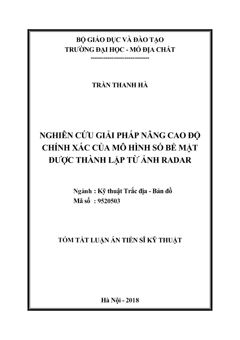 Tóm tắt Luận án Nghiên cứu giải pháp nâng cao độ chính xác của mô hình số bề mặt được thành lập từ ảnh radar trang 1