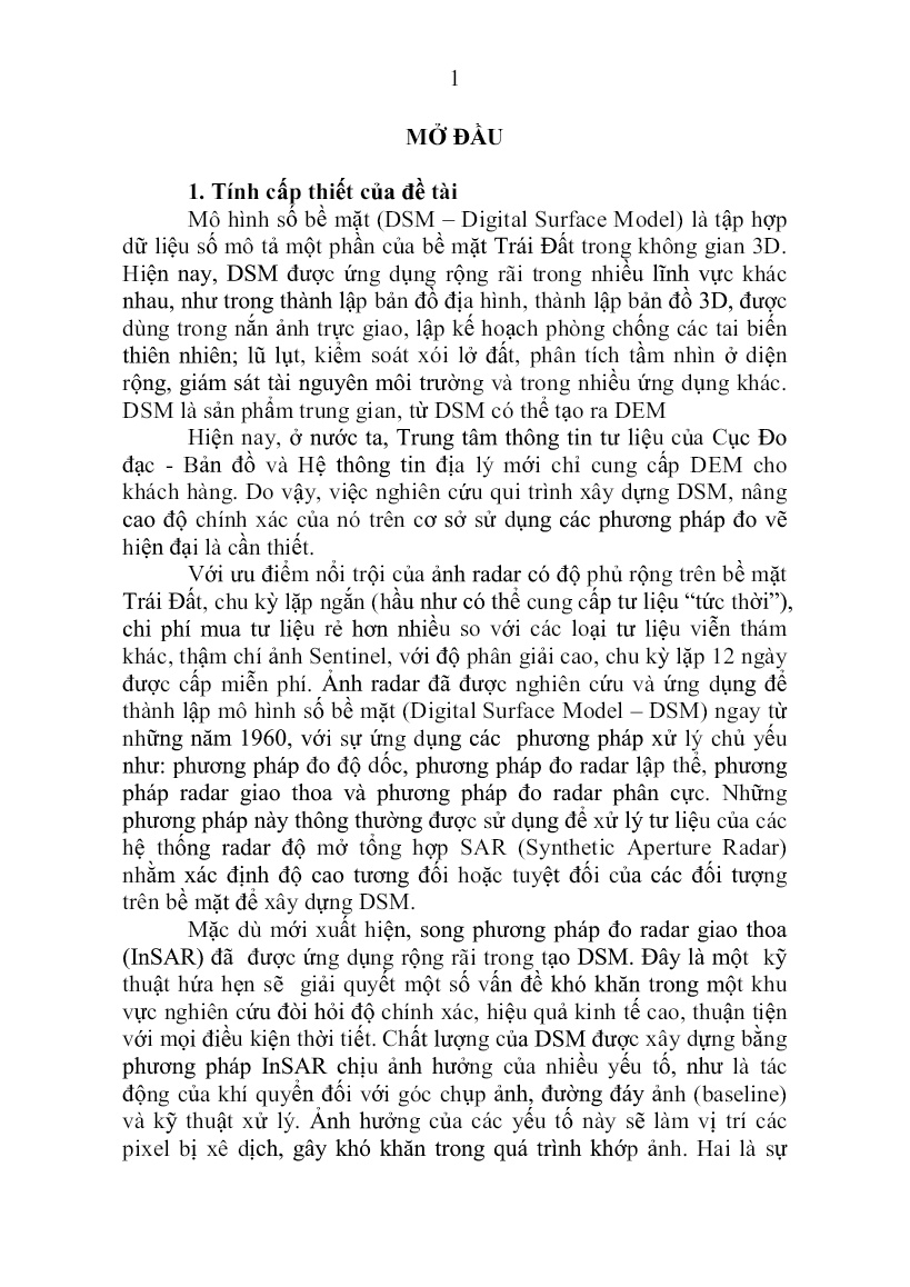 Tóm tắt Luận án Nghiên cứu giải pháp nâng cao độ chính xác của mô hình số bề mặt được thành lập từ ảnh radar trang 3