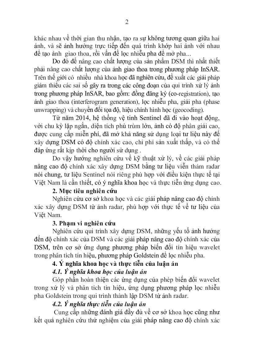 Tóm tắt Luận án Nghiên cứu giải pháp nâng cao độ chính xác của mô hình số bề mặt được thành lập từ ảnh radar trang 4