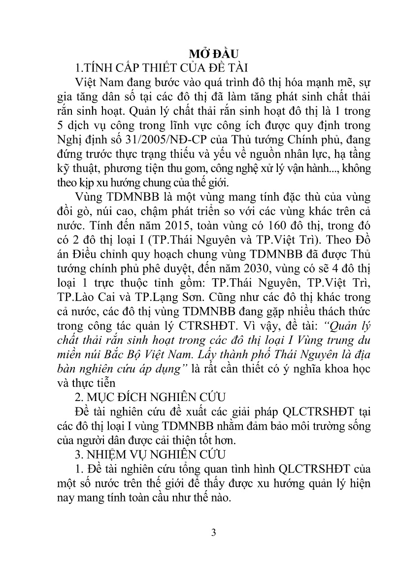 Tóm tắt Luận án Quản lý chất thải rắn sinh hoạt của các đô thị loại I vùng Trung Du, miền núi Bắc Bộ - Việt Nam trang 3