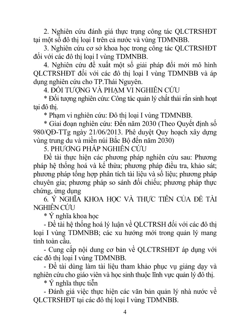 Tóm tắt Luận án Quản lý chất thải rắn sinh hoạt của các đô thị loại I vùng Trung Du, miền núi Bắc Bộ - Việt Nam trang 4