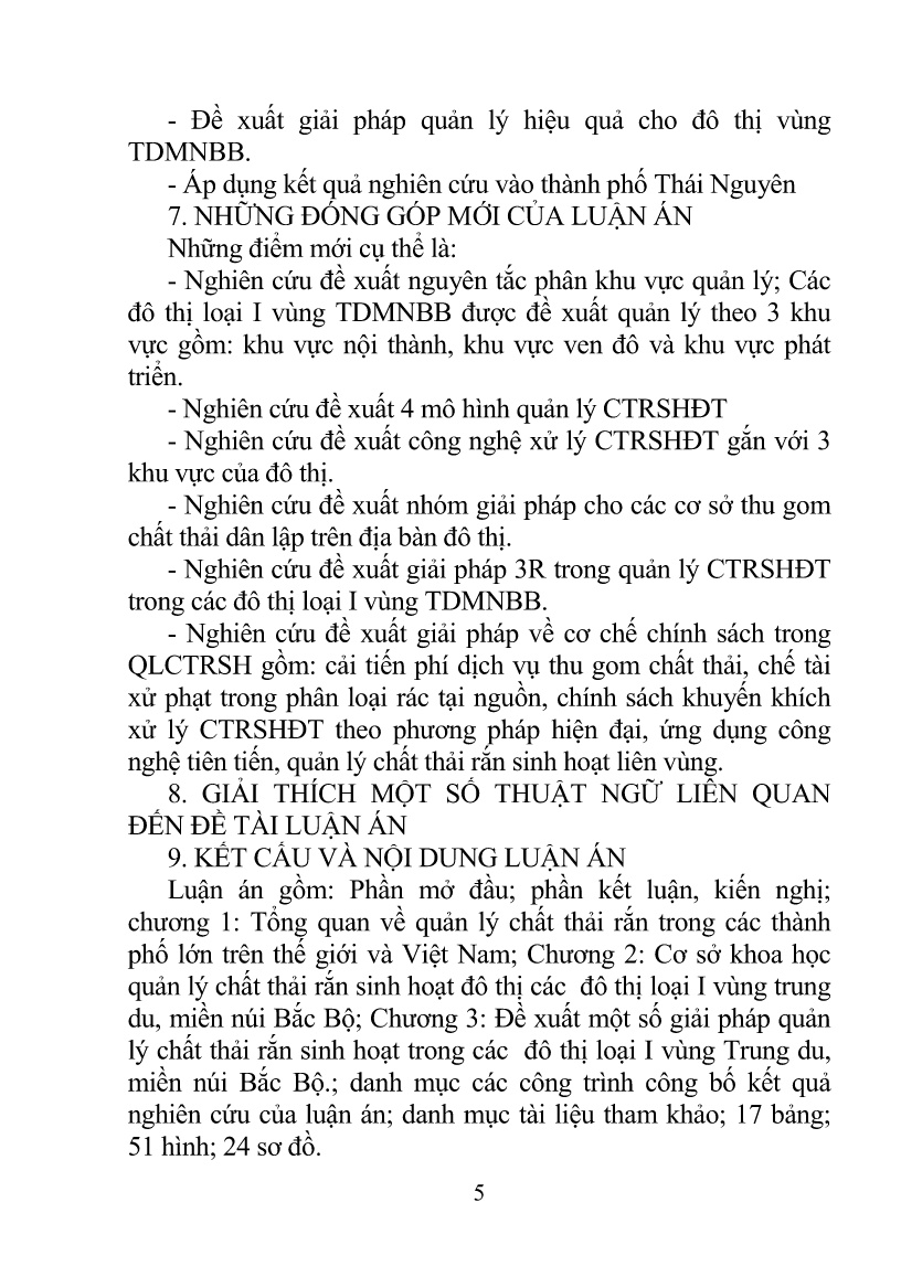 Tóm tắt Luận án Quản lý chất thải rắn sinh hoạt của các đô thị loại I vùng Trung Du, miền núi Bắc Bộ - Việt Nam trang 5