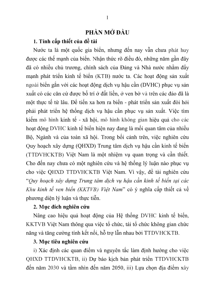 Tóm tắt Luận án Quy hoạch xây dựng trung tâm dịch vụ hậu cần kinh tế biển tại các khu kinh tế ven biển Việt Nam đến năm 2030 trang 3