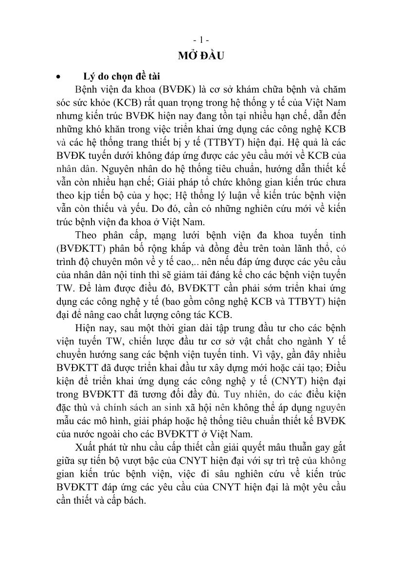Tóm tắt Luận án Kiến trúc bệnh viện đa khoa tuyến tỉnh đáp ứng các yêu cầu của công nghệ y tế hiện đại trang 3