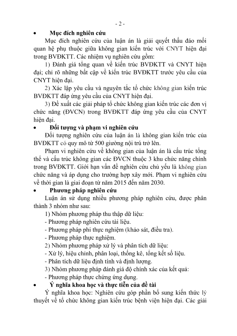 Tóm tắt Luận án Kiến trúc bệnh viện đa khoa tuyến tỉnh đáp ứng các yêu cầu của công nghệ y tế hiện đại trang 4