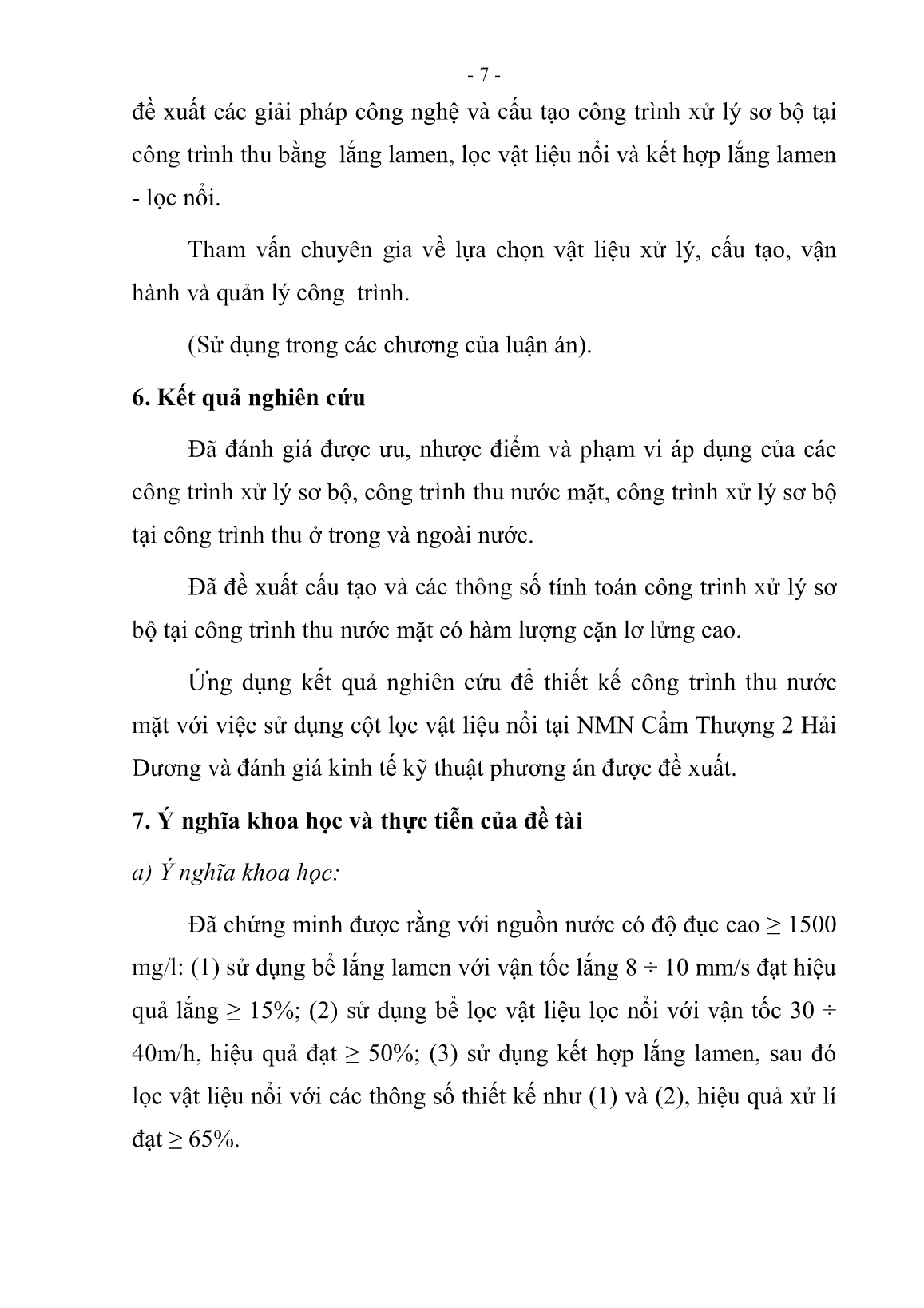 Tóm tắt Luận án Nghiên cứu giải pháp nâng cao hiệu quả xử lý sơ bộ nước mặt tại công trình thu nước bằng lắng lamen, lọc vật liệu nổi trang 10